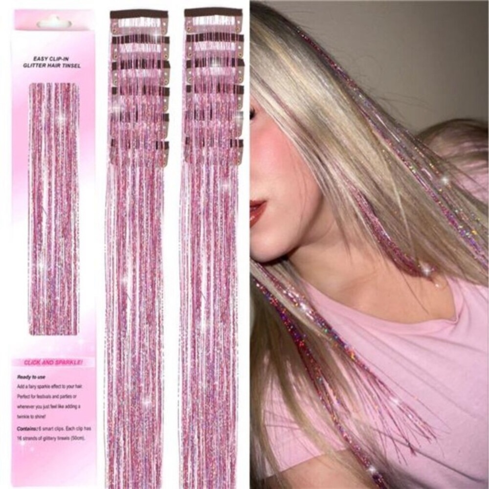 Hair Tinsel Clip in 12Pcs Pink Tinsel Hair Glitter